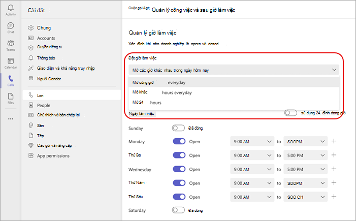 Ảnh chụp màn hình hiển thị các tùy chọn thiết đặt giờ làm việc