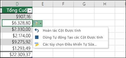 Tùy chọn hoàn tác cột được tính sau khi nhập công thức