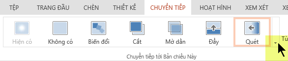 Để mở toàn bộ bộ sưu tập các tùy chọn Chuyển tiếp, bấm vào mũi tên trỏ xuống ở phía ngoài cùng bên phải.