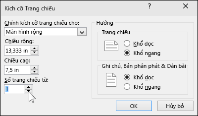 hiển thị hộp thoại kích cỡ trang chiếu trong PowerPoint