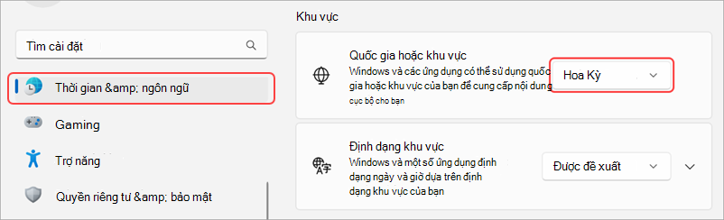 Cài đặt khu vực trên thiết bị Windows.