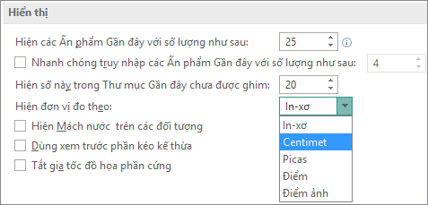 Cài đặt hiển thị nâng cao cho phép thay đổi đơn vị đo.