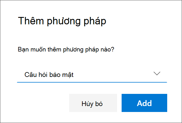 Thêm hộp phương pháp, với các câu hỏi bảo mật được chọn