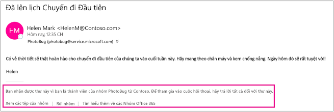 Mọi email khách nhận được từ các thành viên nhóm sẽ có chân trang cùng với hướng dẫn và liên kết