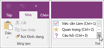 Ảnh chụp màn hình của danh sách thẻ trong OneNote 2016.