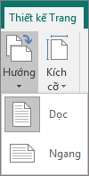 Tab Thiết kế Trang với Hướng đã chọn và tùy chọn Khổ dọc hoặc Ngang.
