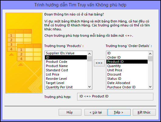 Chọn các trường khớp từ bảng trong hộp thoại Trình hướng dẫn Truy vấn Tìm Không khớp