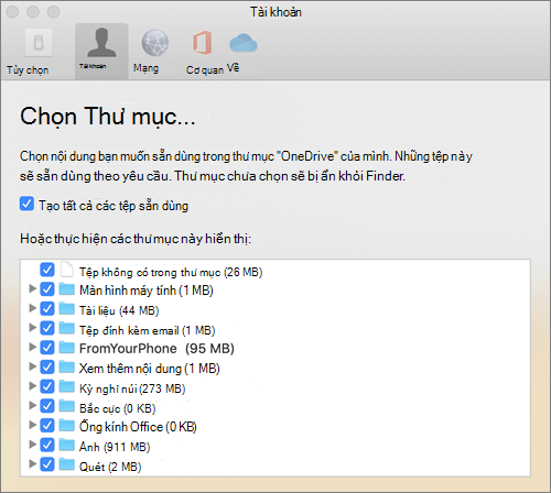 Hộp thoại Chọn Thư mục bên dưới cửa OneDrive cho Mac sổ Tùy chọn