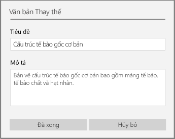 Hộp thoại văn bản thay thế để thêm văn bản thay thế trong OneNote for Windows 10.