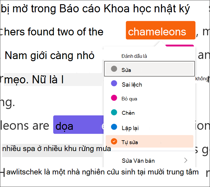 văn bản được đánh dấu lỗi, chữ tắc kè hoa được bao gồm trong hình vuông màu đen cho biết các phím tắt đang được sử dụng, menu thả xuống hiển thị tính năng tự sửa được chọn từ các loại lỗi sẵn có.