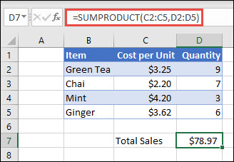 Ví dụ về hàm SUMPRODUCT dùng để trả về tổng các mặt hàng đã bán khi cung cấp chi phí đơn vị và số lượng.