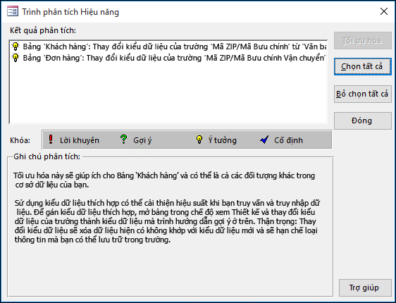 Hộp thoại kết quả Trình phân tích Hiệu năng sau khi được chạy trên cơ sở dữ liệu Access.