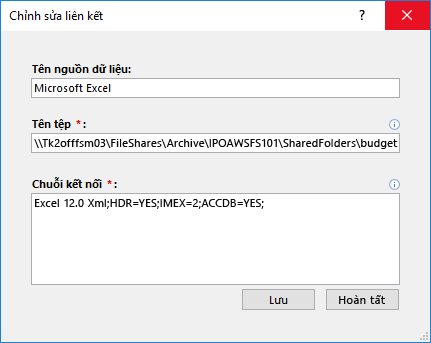 Hộp thoại Sửa Nối kết cho nguồn dữ liệu Excel