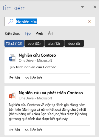 Ngăn Tìm kiếm hiển thị các tệp được tìm thấy cùng với tìm kiếm