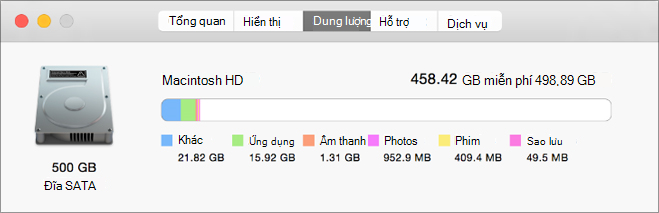 Dạng xem tab Lưu trữ Macintosh mẫu hiển thị ảnh của ổ đĩa cứng, cùng với kích cỡ của các ứng dụng được lưu trữ, âm thanh, phim và nhiều nội dung khác. Thao tác này cũng hiển thị tổng dung lượng lưu trữ và dung lượng còn trống.