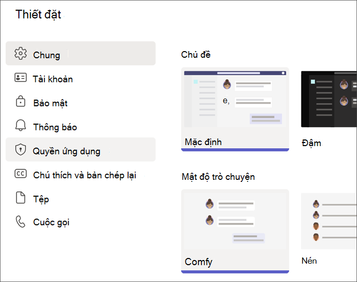 Ảnh chụp màn hình cài đặt Teams từ hồ sơ học viên. Quyền của Ứng dụng được tô sáng.