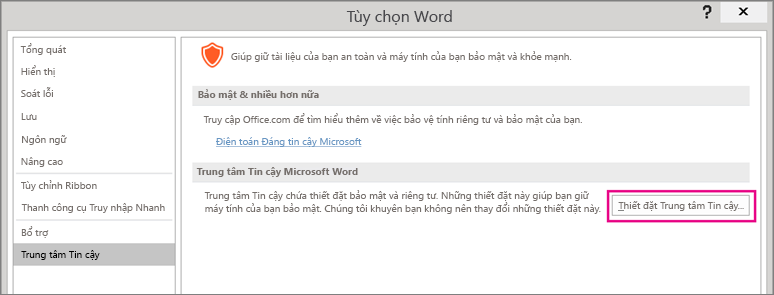 Tùy chọn Cài đặt Trung tâm Tin cậy được tô sáng.