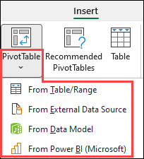 Chọn Nguồn PivotTable