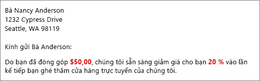 Tài liệu kết quả phối thư cho biết "số tiền đóng góp của bạn là $50,00" và "tặng bạn một khoản chiết khấu 20 %".