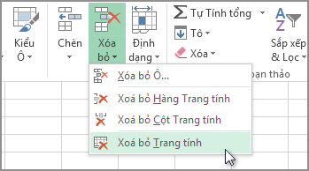 Bấm vào mũi tên bên dưới Xóa rồi bấm Xóa bỏ Trang tính