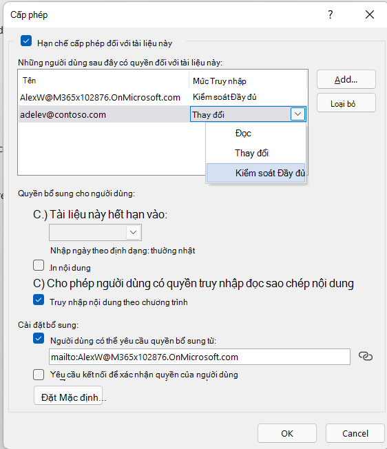 Hộp thoại tùy chọn khác của thiết đặt IRM hiển thị các tùy chọn bổ sung để kiểm soát truy nhập vào tệp.