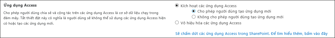 Ảnh chụp màn hình cài đặt ứng dụng Access trên trang Trung tâm Quản trị SharePoint