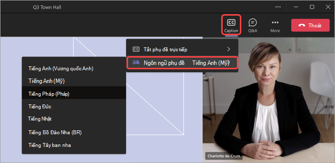 Ảnh chụp màn hình tô sáng giao diện người dự để thay đổi ngôn ngữ của phụ đề đã dịch trong phòng họp thị trấn