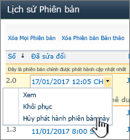 Danh sách thả xuống Lập phiên bản với tùy chọn Không phát hành được tô sáng