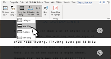 Danh sách thả xuống Trọng tâm Dòng trong dải băng và tùy chọn Một Dòng được chọn