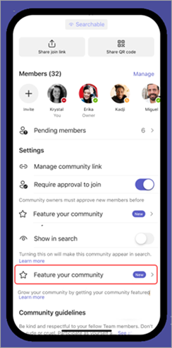 Ảnh chụp màn hình tính năng tùy chọn cộng đồng của bạn trong cài đặt cộng đồng trong Microsoft Teams (miễn phí) trên thiết bị di động.