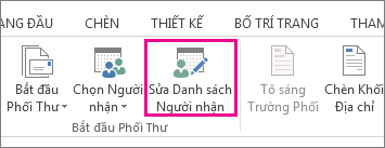 Ảnh chụp màn hình tab Gửi thư trong Word, hiển thị lệnh Chỉnh sửa Danh sách Người nhận dưới dạng được tô sáng.