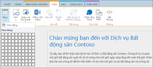 Ảnh chụp màn hình hiển thị dải băng SharePoint Online. Chọn tab Chèn, rồi chọn Chèn Bảng để chỉ định số hàng và cột cho bảng mới.