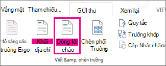 Ảnh chụp màn hình tab Gửi thư trong Word, hiển thị lệnh Dòng Lời chào dưới dạng được tô sáng.