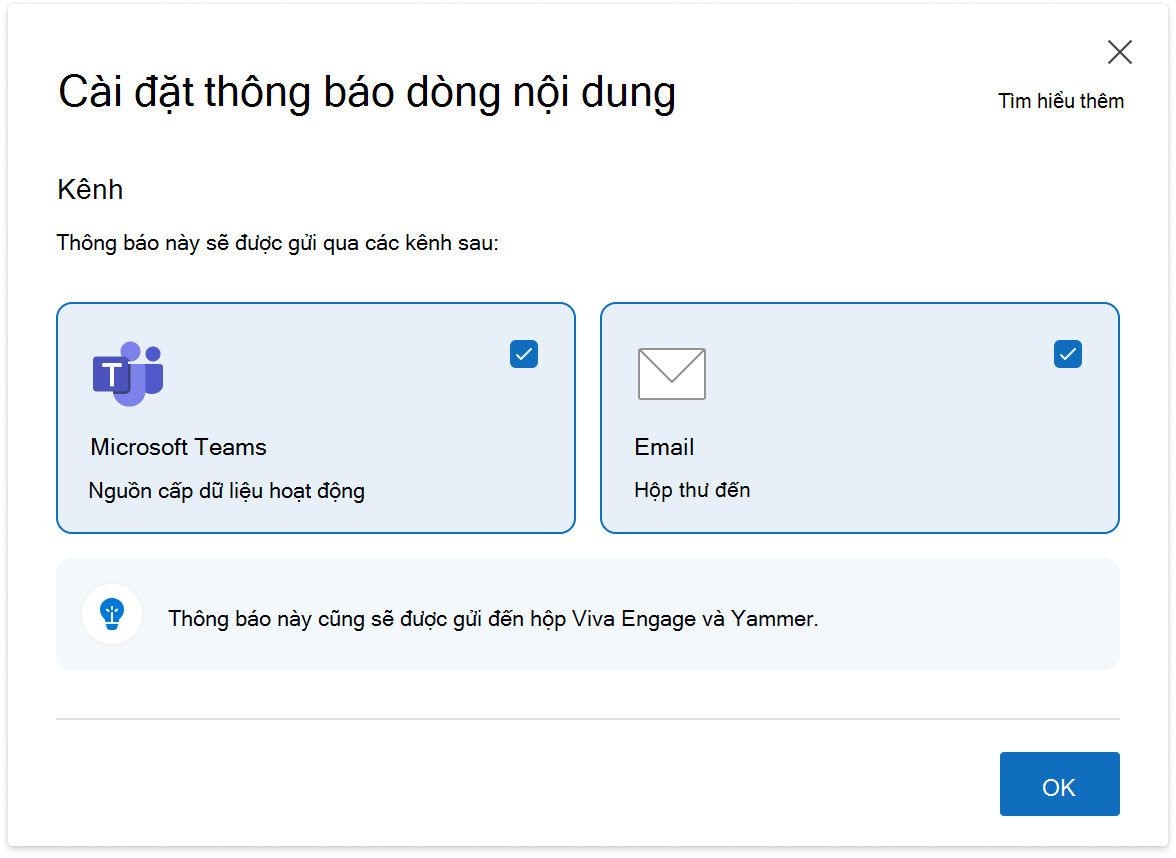 Hình ảnh cài đặt thông báo dòng nội dung sẵn dùng cho người đứng đầu với Đối tượng trong Viva Engage