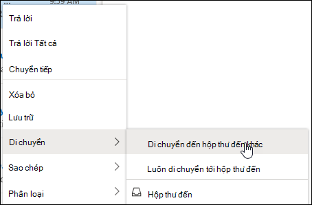 Ảnh chụp màn hình hiển thị menu bấm chuột phải với các tùy chọn cho hộp thư đến Di chuyển sang Khác và Luôn di chuyển sang hộp thư đến Khác.