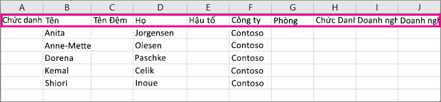 Giao diện tệp .csv mẫu sẽ trông như sau trong Excel.