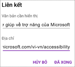 Hộp thoại Thêm siêu kết nối trong OneNote for Android