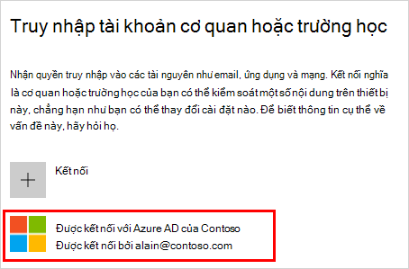 Ảnh chụp màn hình hiển thị cửa sổ "Truy nhập tài khoản cơ quan hoặc trường học" với tài khoản "Đã kết nối với Azure AD (tổ chức của bạn) được chọn