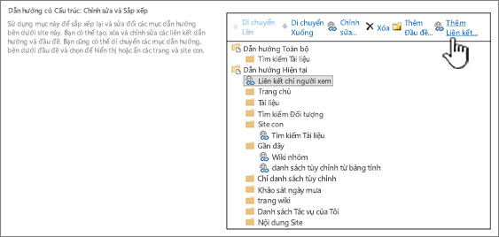 Bên dưới Dẫn hướng có cấu trúc trong cài đặt Dẫn hướng, với Thêm Nối kết được tô sáng