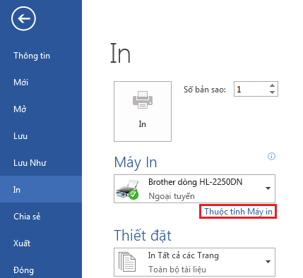 Trên màn hình In, bấm Thuộc tính Máy in.