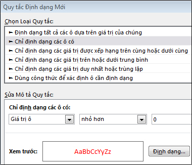 Quy tắc định dạng có điều kiện hiển thị những số nhỏ hơn 0 bằng màu đỏ