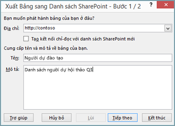 hộp thoại trình hướng dẫn xuất sang sharepoint