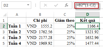 Tỷ lệ phần trăm cho kết quả trong cột D