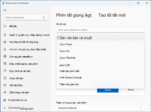 Tạo trang lối tắt mới với danh sách thả xuống trong Thực hiện (các) hành động được bung rộng. Nó hiển thị Loại hành động được liệt kê.