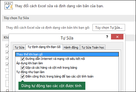 Tắt các cột bảng được tính từ Tùy chọn Tệp > > Công cụ Kiểm lỗi > Tùy chọn Tự Sửa > Bỏ chọn "Điền công thức vào bảng để tạo cột được tính toán".