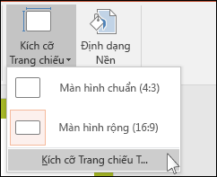 Trên tab Thiết kế của Dải băng, chọn Kích cỡ Trang chiếu, rồi chọn Kích cỡ Trang chiếu Tùy chỉnh.