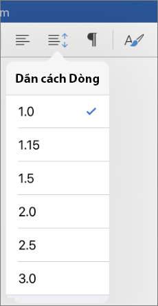 Hiển thị các tùy chọn dãn cách dòng trong Word cho iPad.