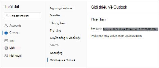 Hình ảnh thông tin phiên bản Outlook for Windows mới với 'Chung' và 'Giới thiệu về Outlook' được tô sáng.