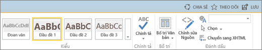 Ảnh chụp màn hình một phần dải băng SharePoint Online với điều khiển Chia sẻ, Theo dõi và Lưu.