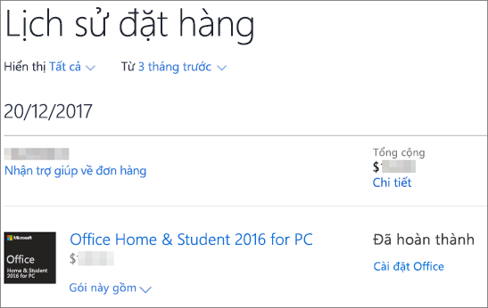 Hiển thị trang Lịch sử đơn hàng trong Microsoft Store